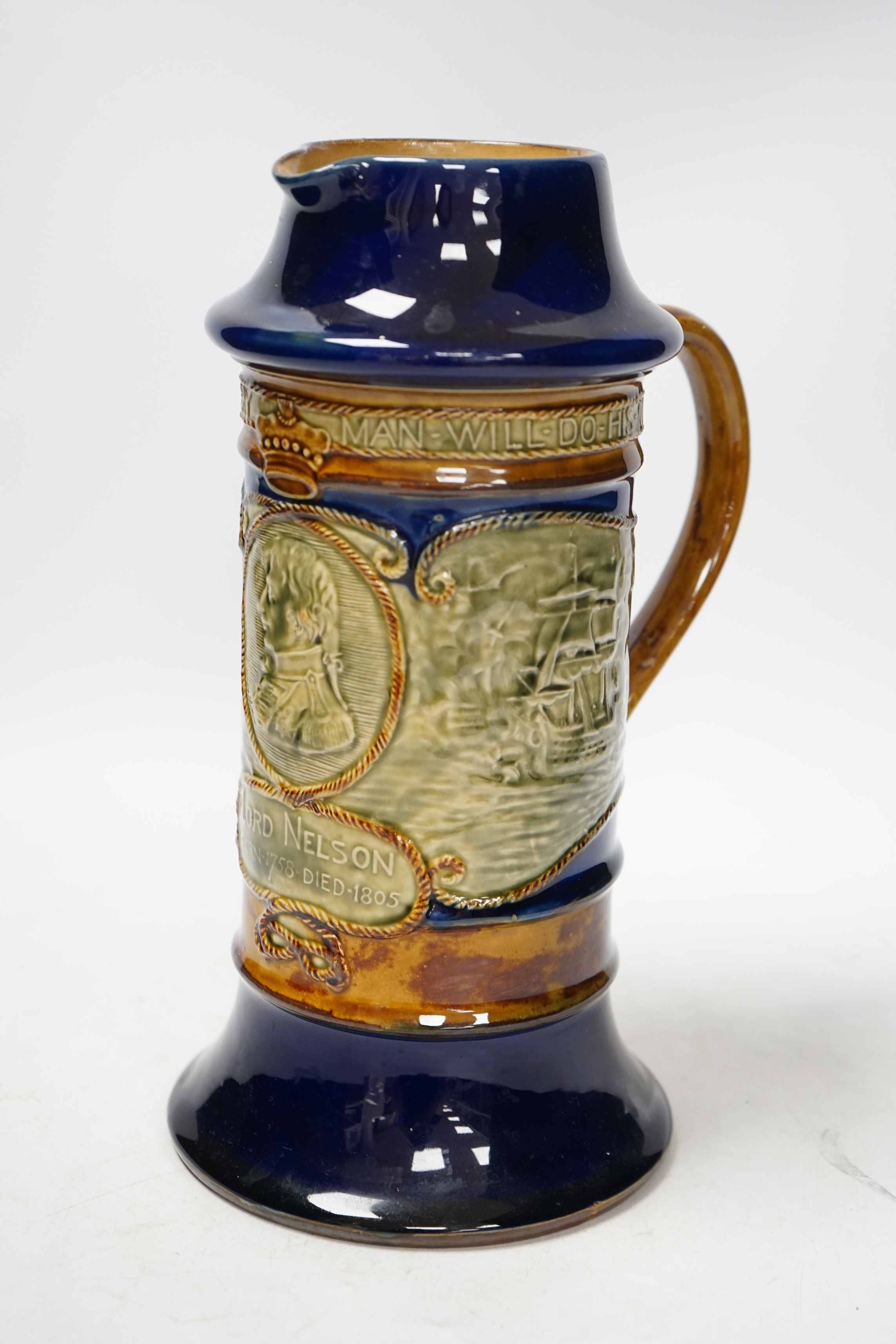 A Doulton Nelson Centenary commemorative jug, 1905, 28cm high. Condition - fair to good
